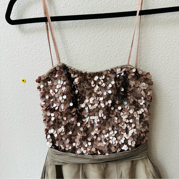 SCALA strapless taupe gray sparkle sequin silk ruffle mini prom dress womens 2 - Picture 2 of 13